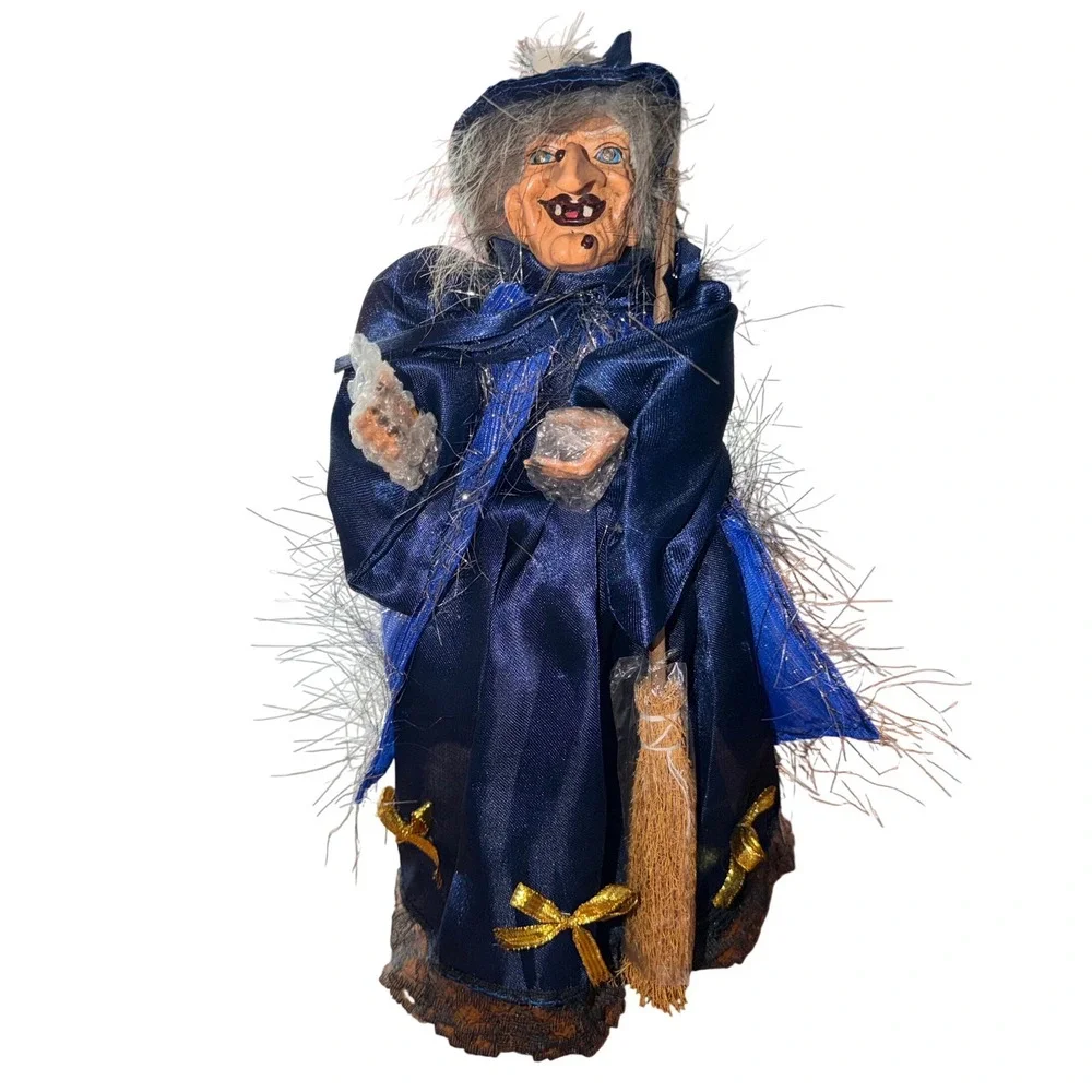 Gothic Halloween Decor Hanging Witch Blue Satin Dress Broom 12.5